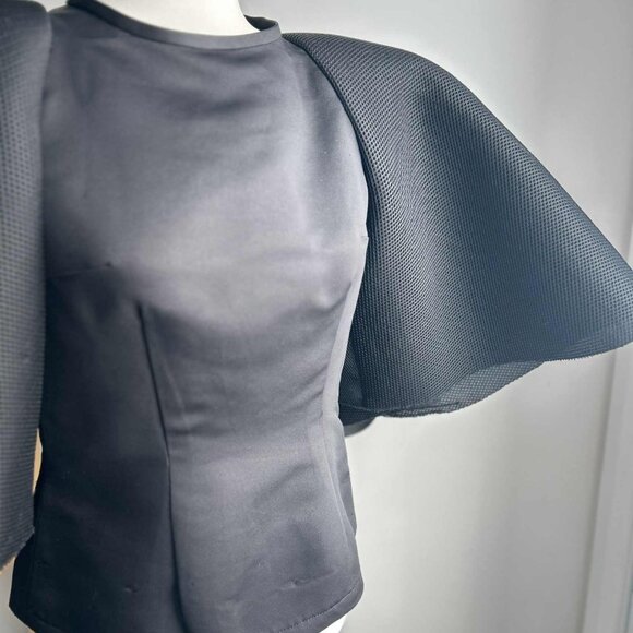 Eliane Isaac Black Satin Top with Dramatic Double-Layer Mesh Sleeves – US S - Picture 3 of 6